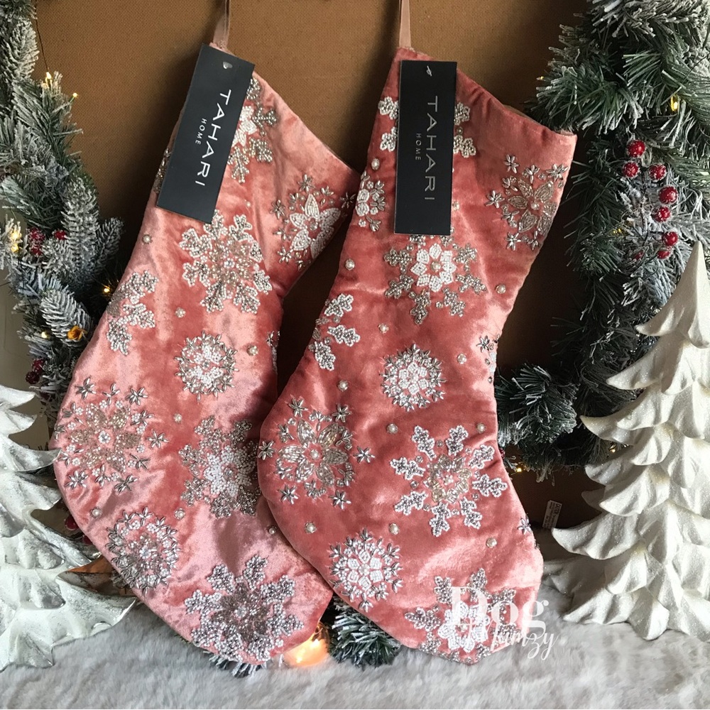 2 Pink Velvet Embellished Snowflake Lined Designer Stocking